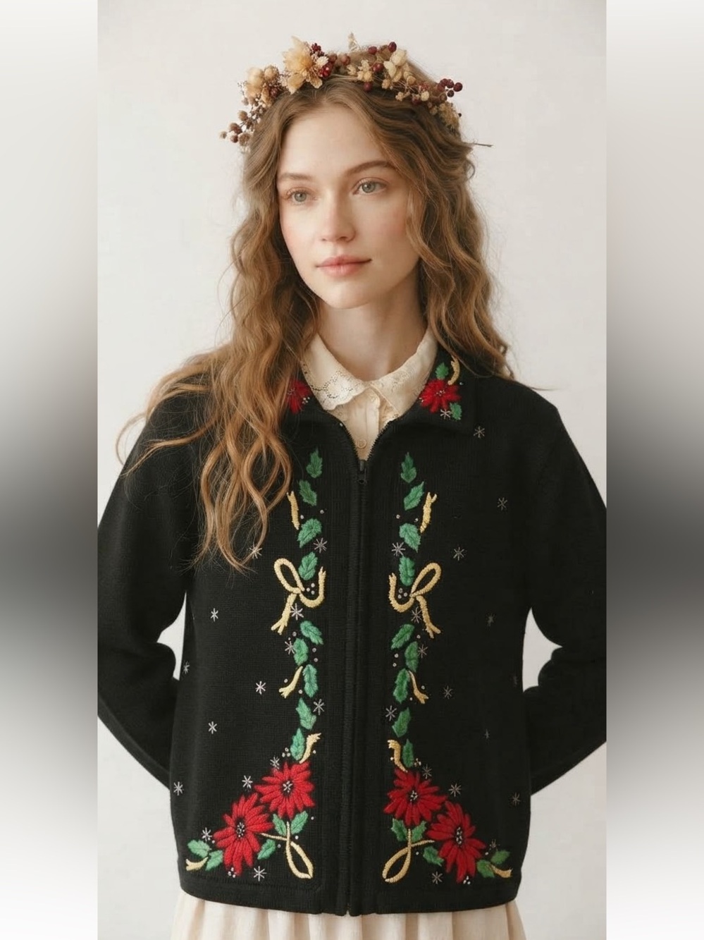 Vintage Ugly Christmas Sweater Kitschy Poinsettia Beaded Embroidered Grannycore